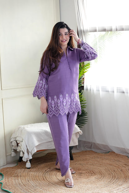 Safah Purple Embroidered Dhoti Set