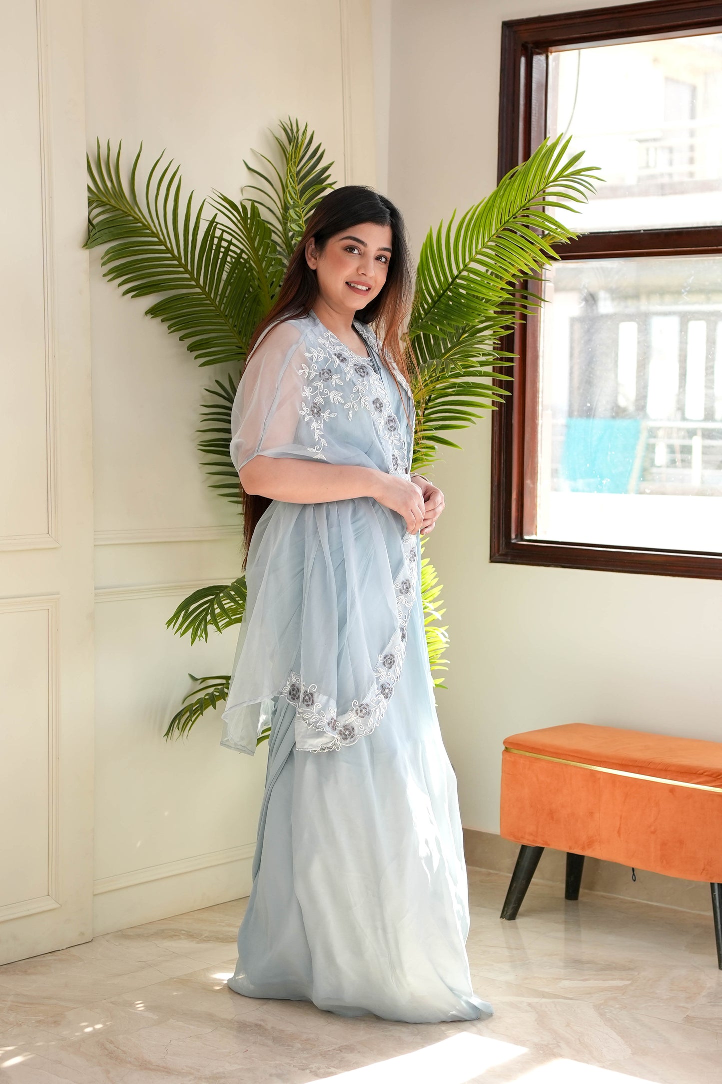 Nyna Blue Drape Saree With Cape And Belt