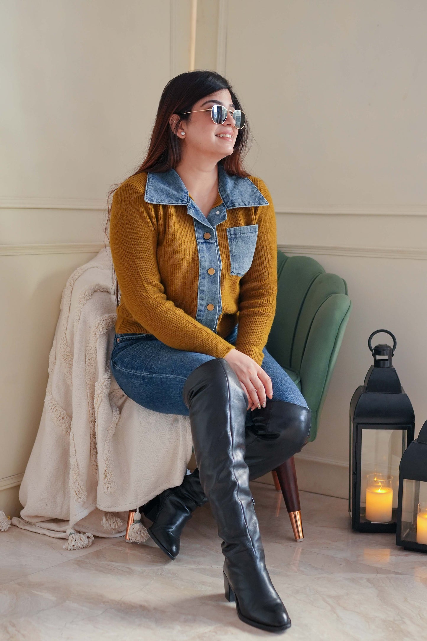 Yami Mustard Denim Detailed Sweater