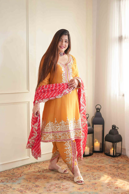 Seher Yellow Short Anarkali With Lehriya Dupatta.