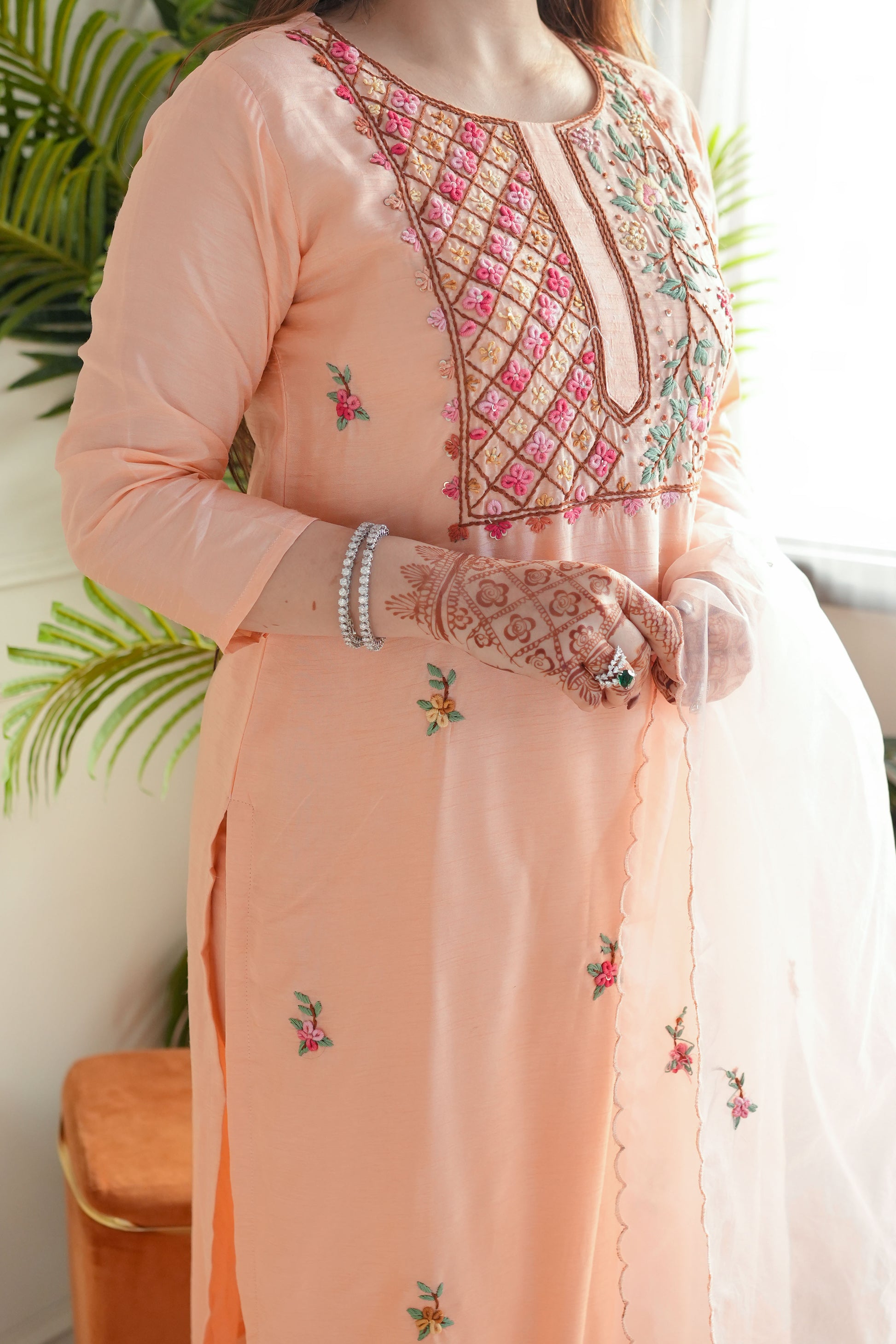 Neeya Peach Hand Embroidered Suit Set