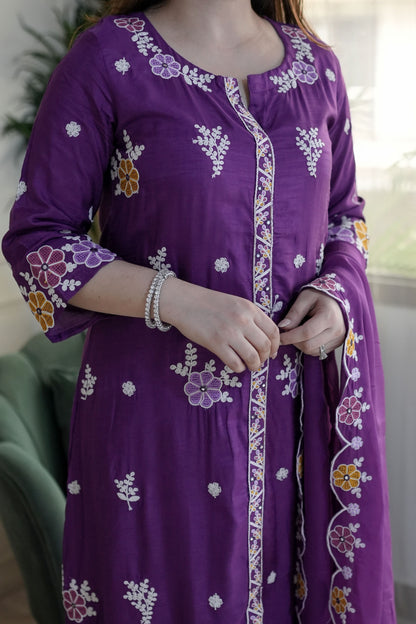 Mreeyal Purple Thread Embroidered A line Suit Set