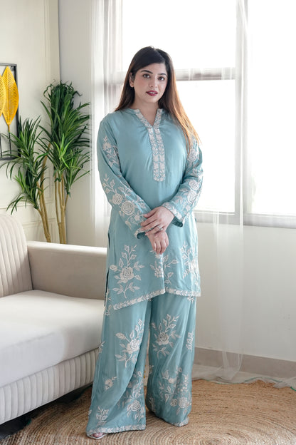 Simin Blue Thread Floral Embroidered Co ord Set