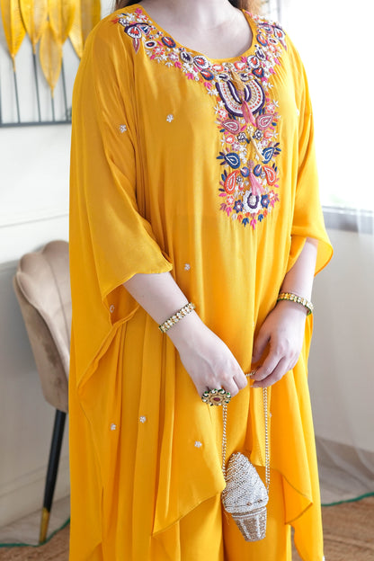 Yumna Yellow Embroidered Kaftan Set