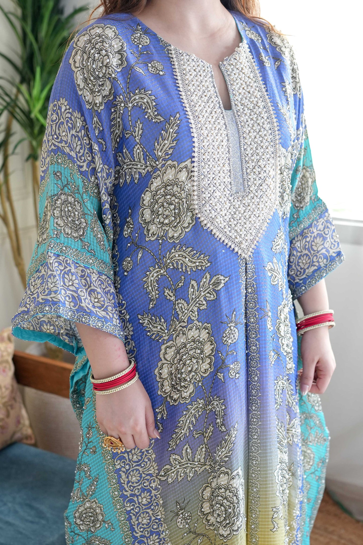 Sehrat Blue Ombre Printed Kaftan Set with Neck Embroidery