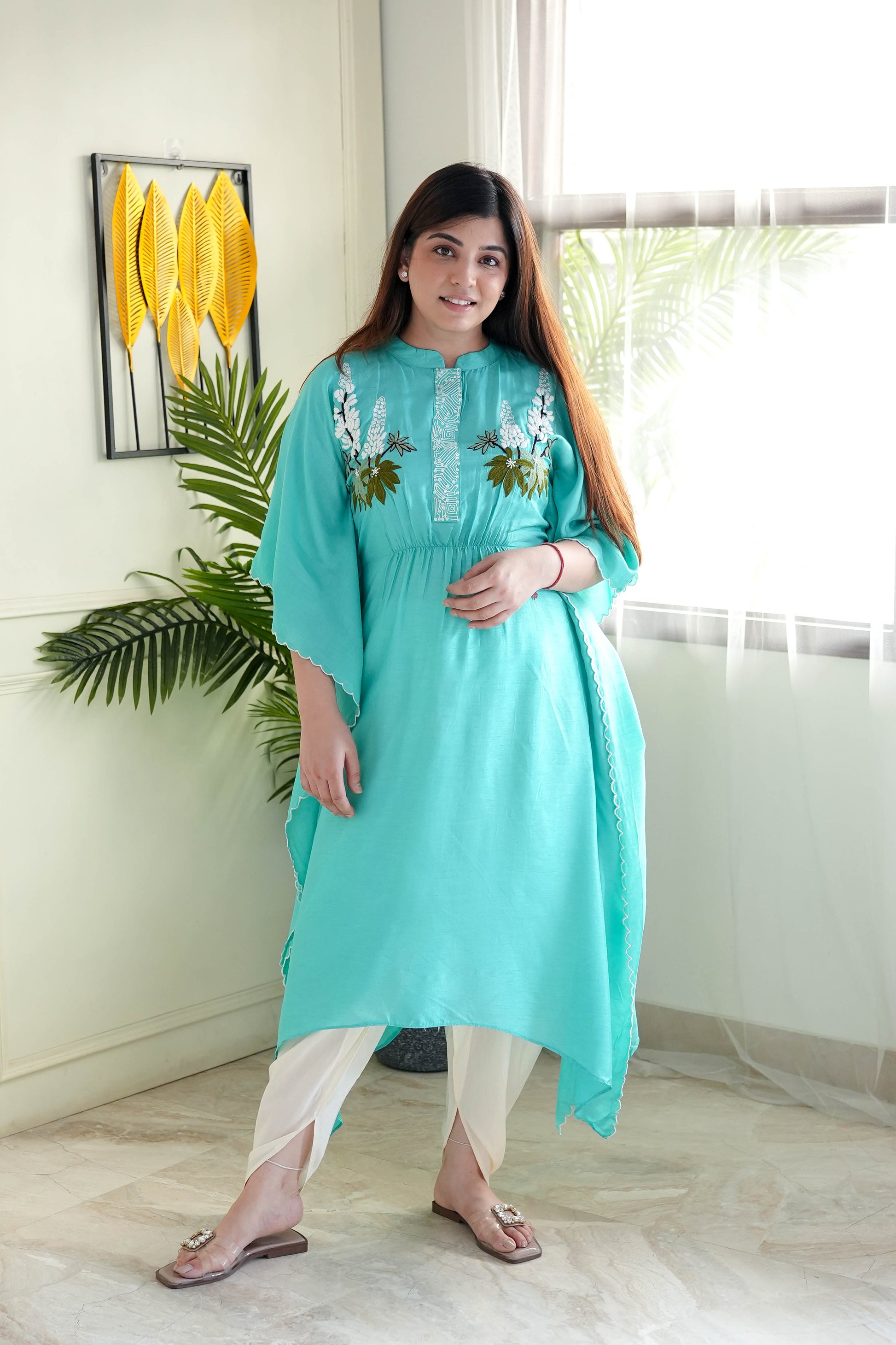 Saba Sea Green Hand Embroidered Kaftan Set