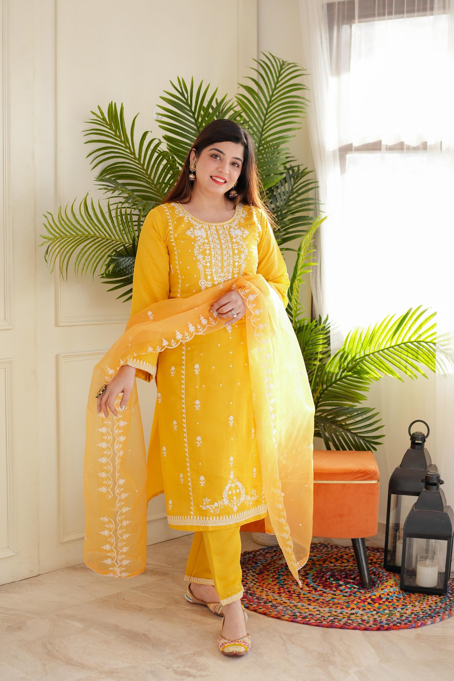 Madho Yellow Thread Work Suit Set