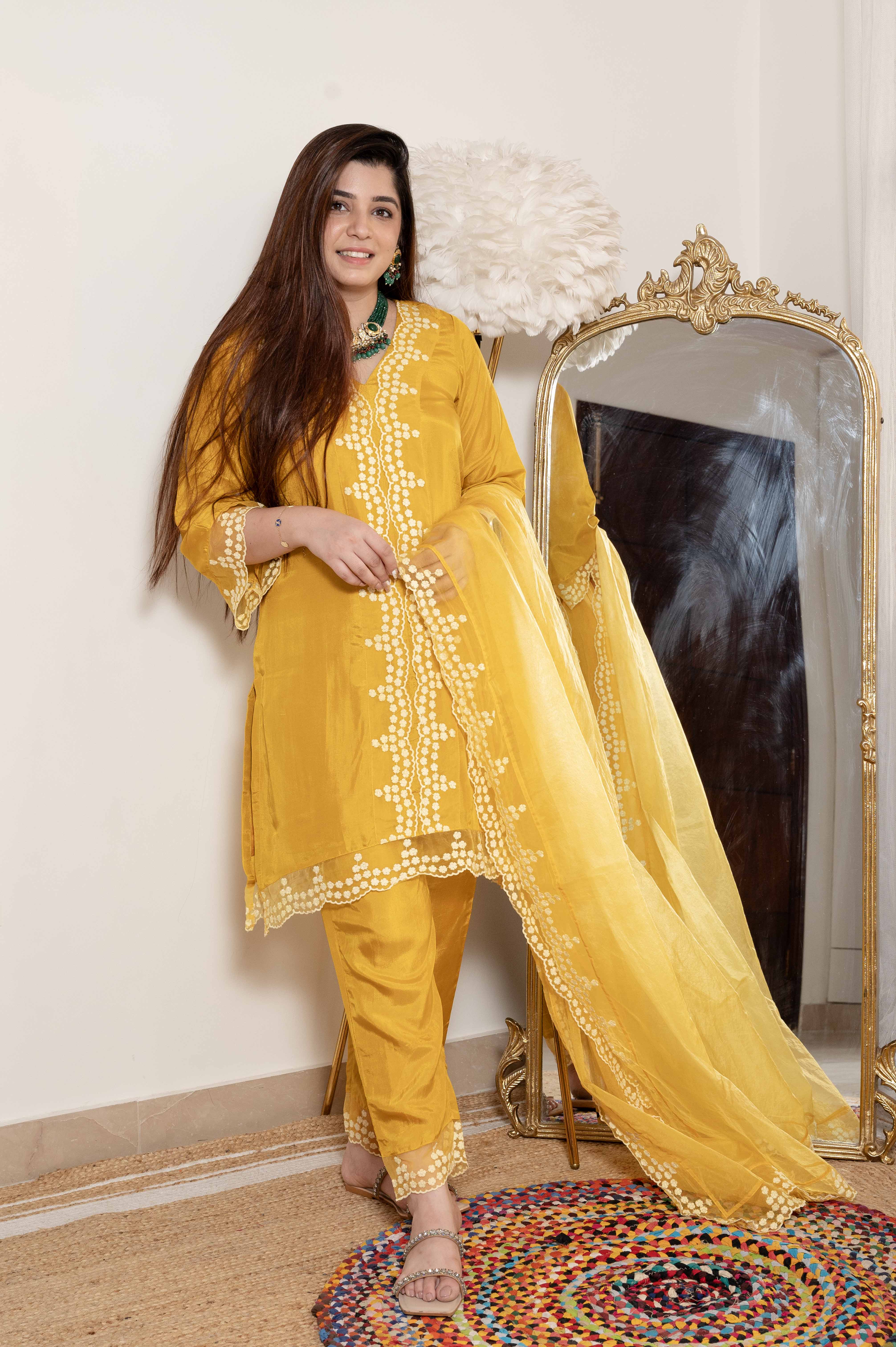 Sukh Yellow Silk Suit With Schiffli Detailing