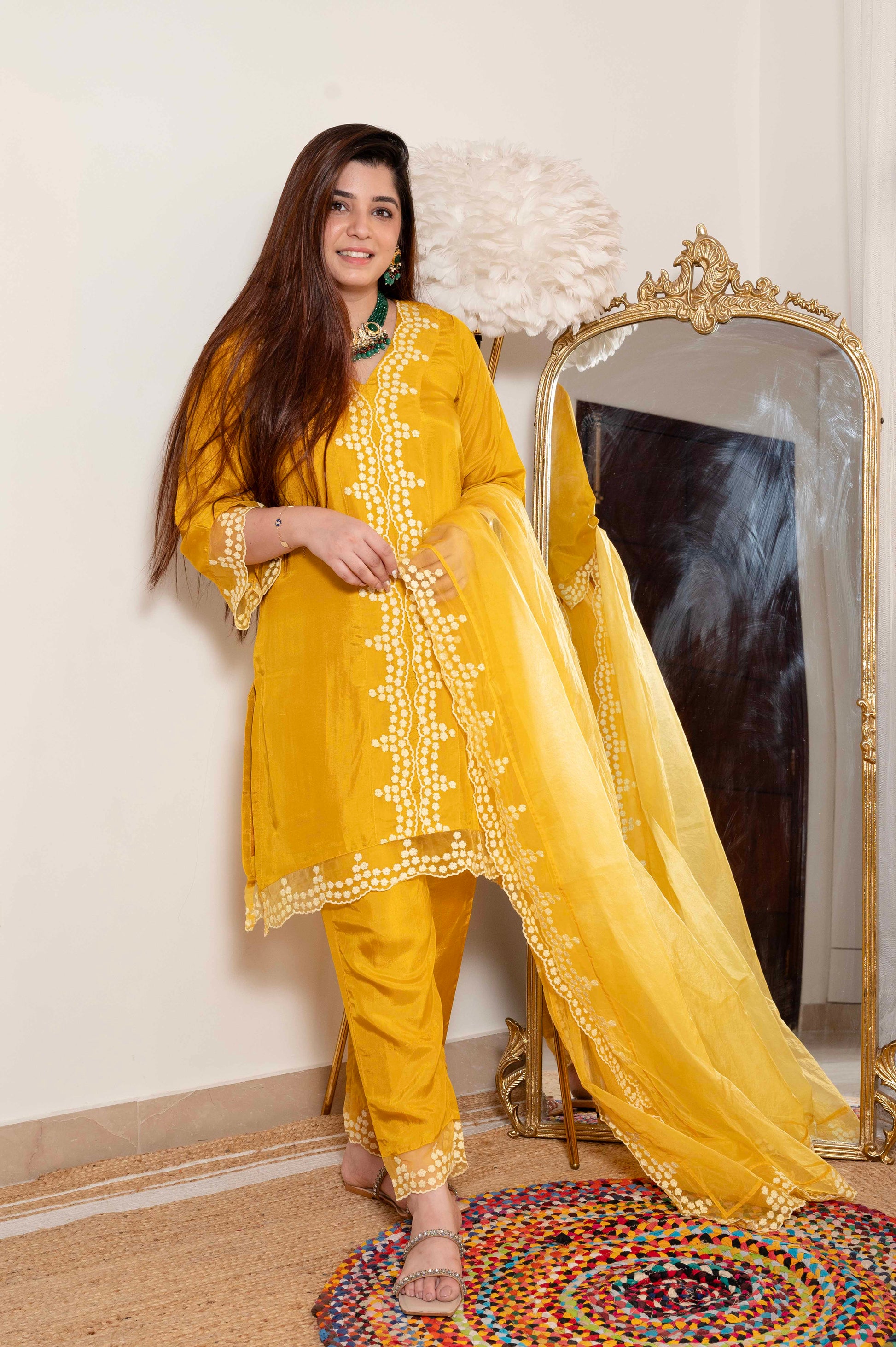 Sukh Yellow Silk Suit With Schiffli Detailing