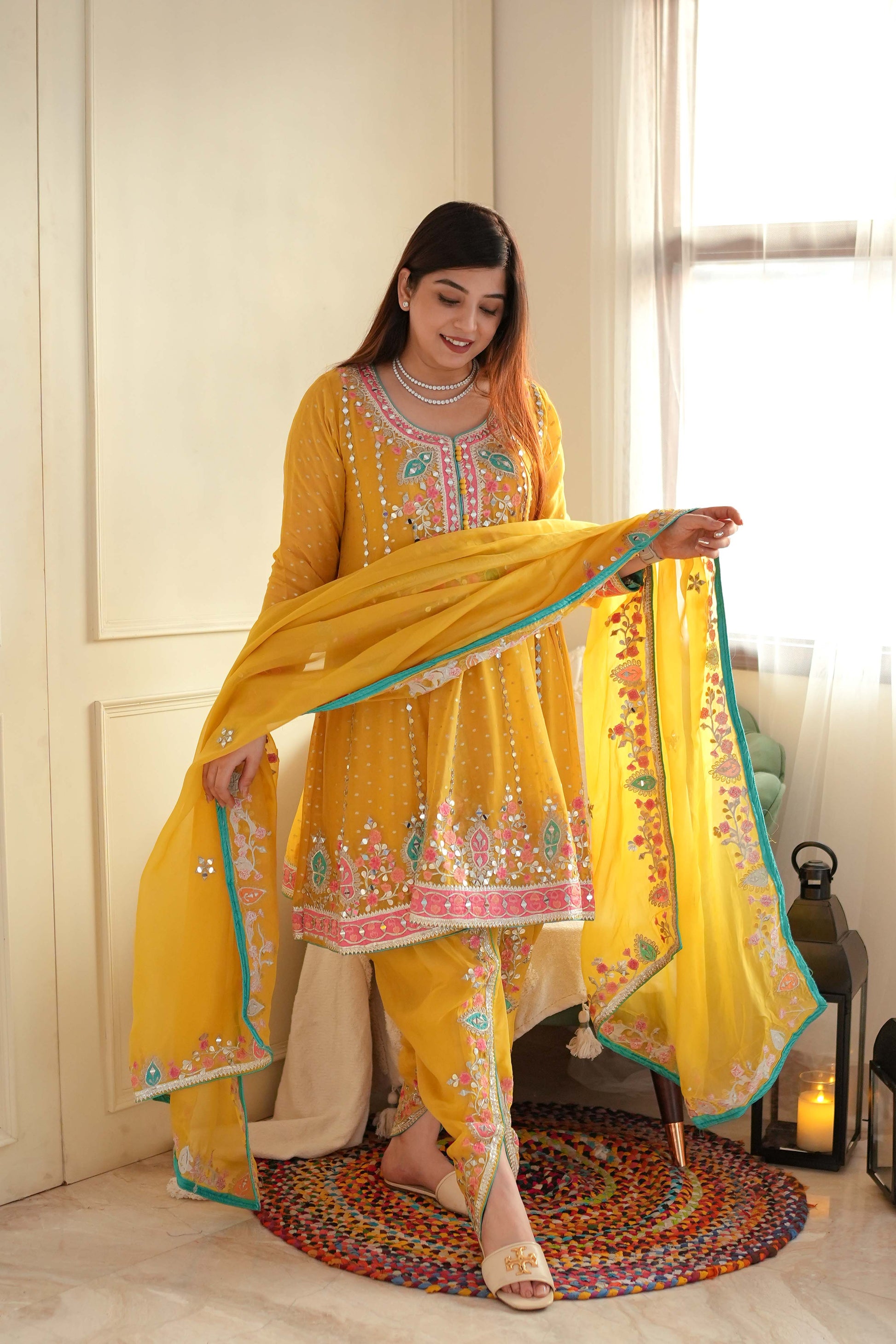 Kiara Yellow Mirror Work Short Anarkali With Dhoti