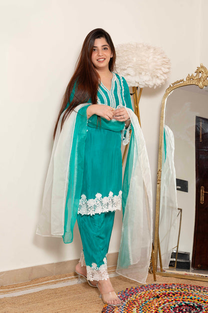 Tirana Green Suit Set With Cutwork Detailing