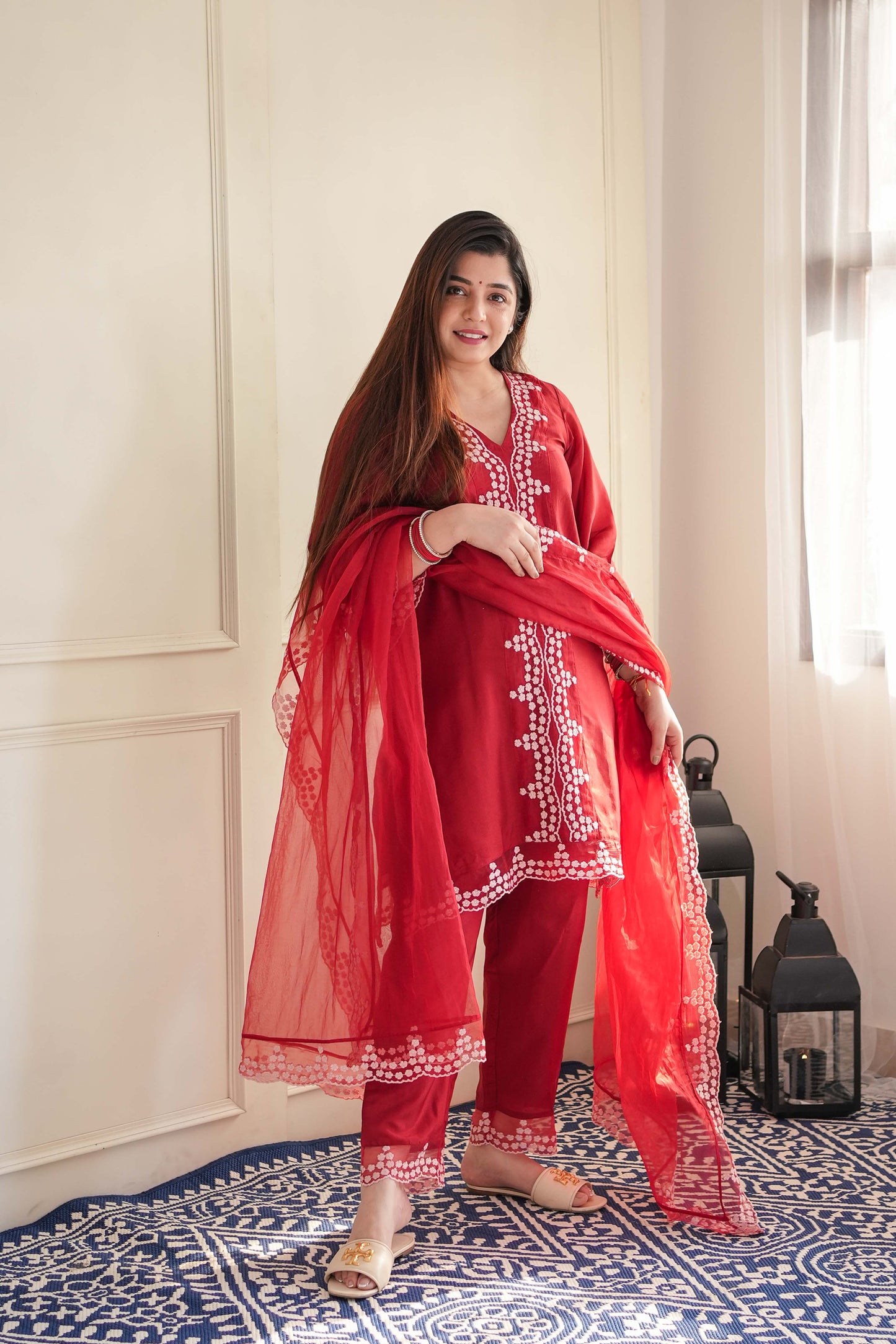 Sukh Red Schiffli Suit Set