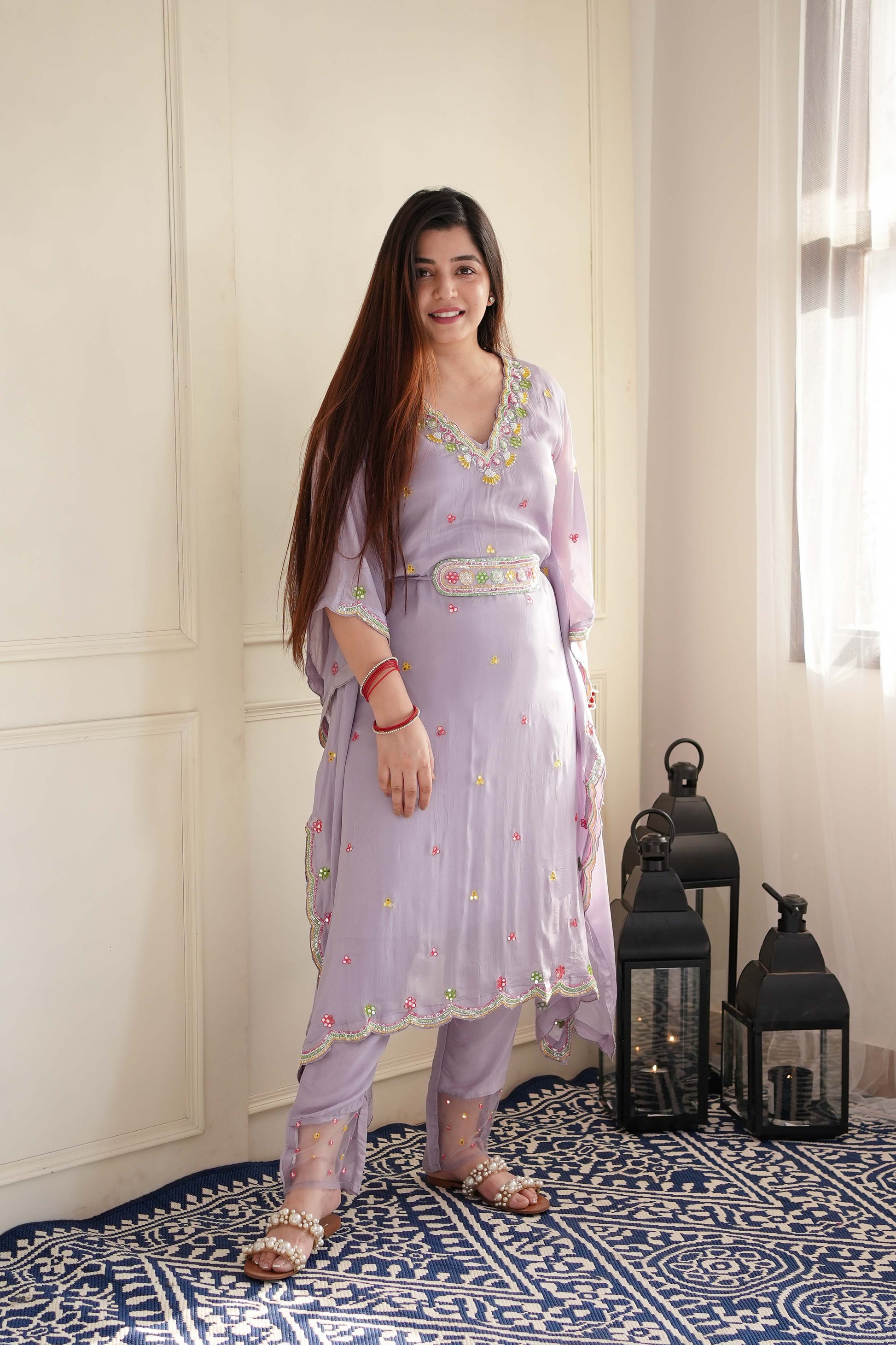 Simar Lavender Embroidered Kaftan Set