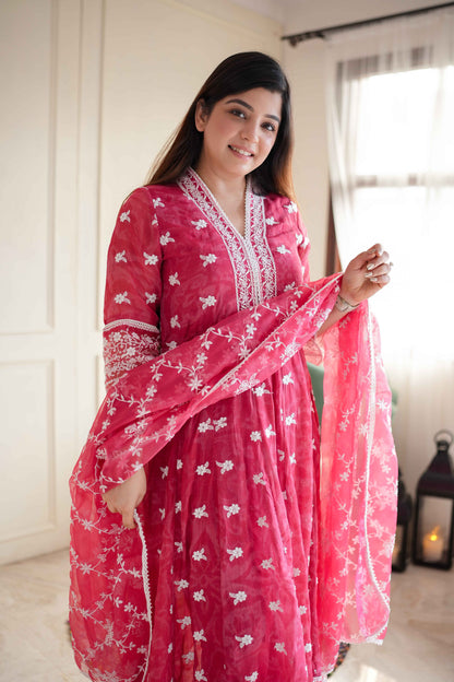 Feroza Pink Schiffli Anarkali Suit Set