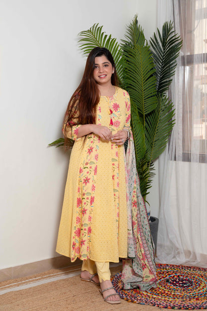 Tamra Yellow Schiffli And Print Detailing Anarkali