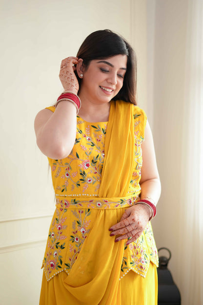 Mukti Yellow Embroidered Drape Saree