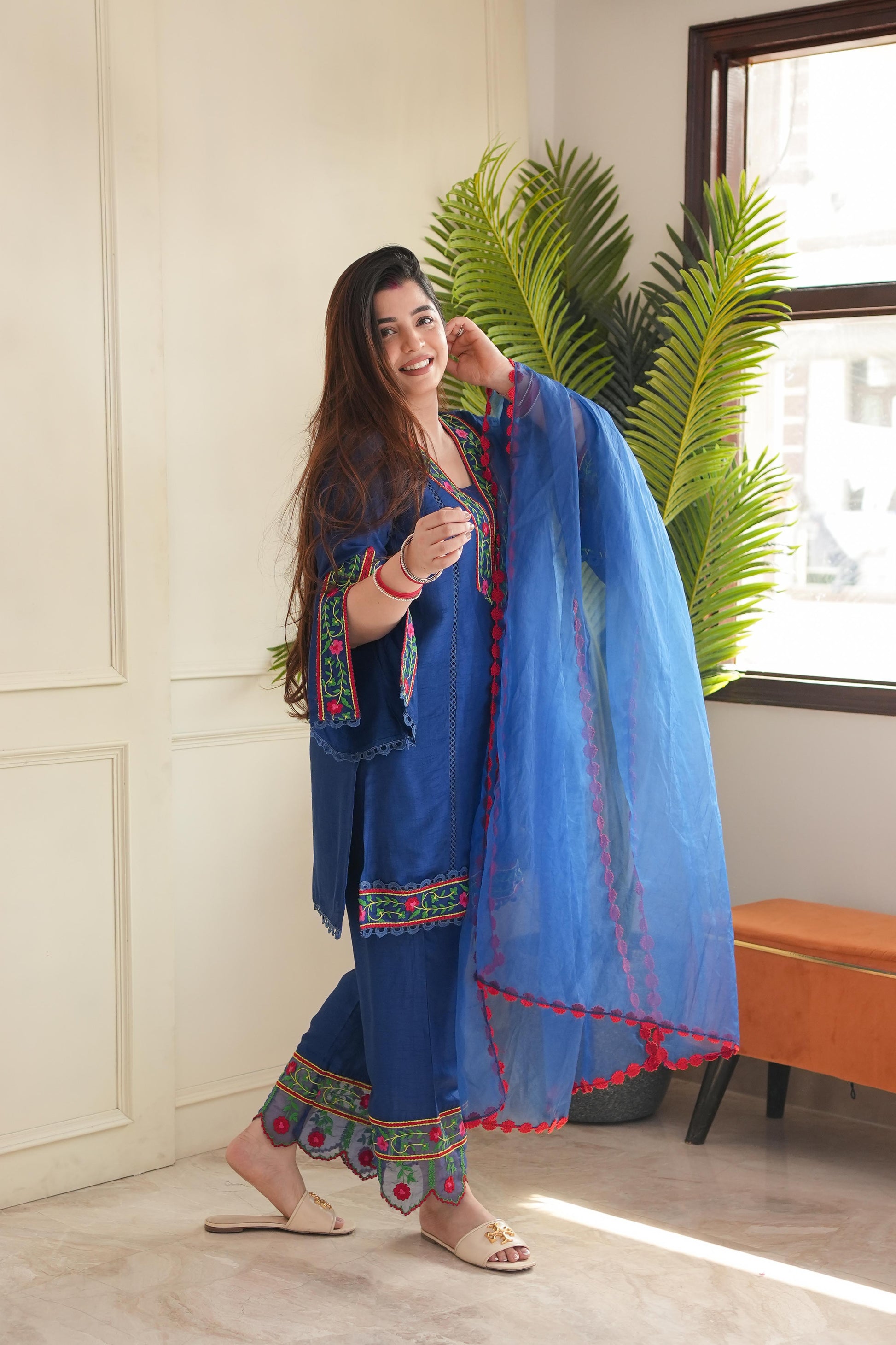 Rajha Blue Thread Work Silk Suit