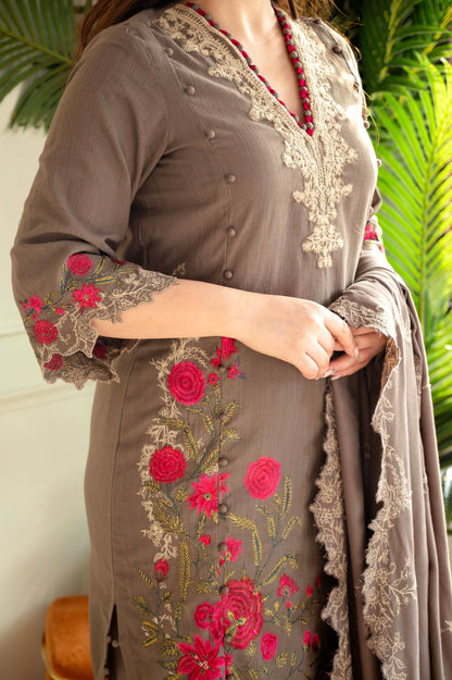 Sana Brown Embroidered Pakistani Linen Suit