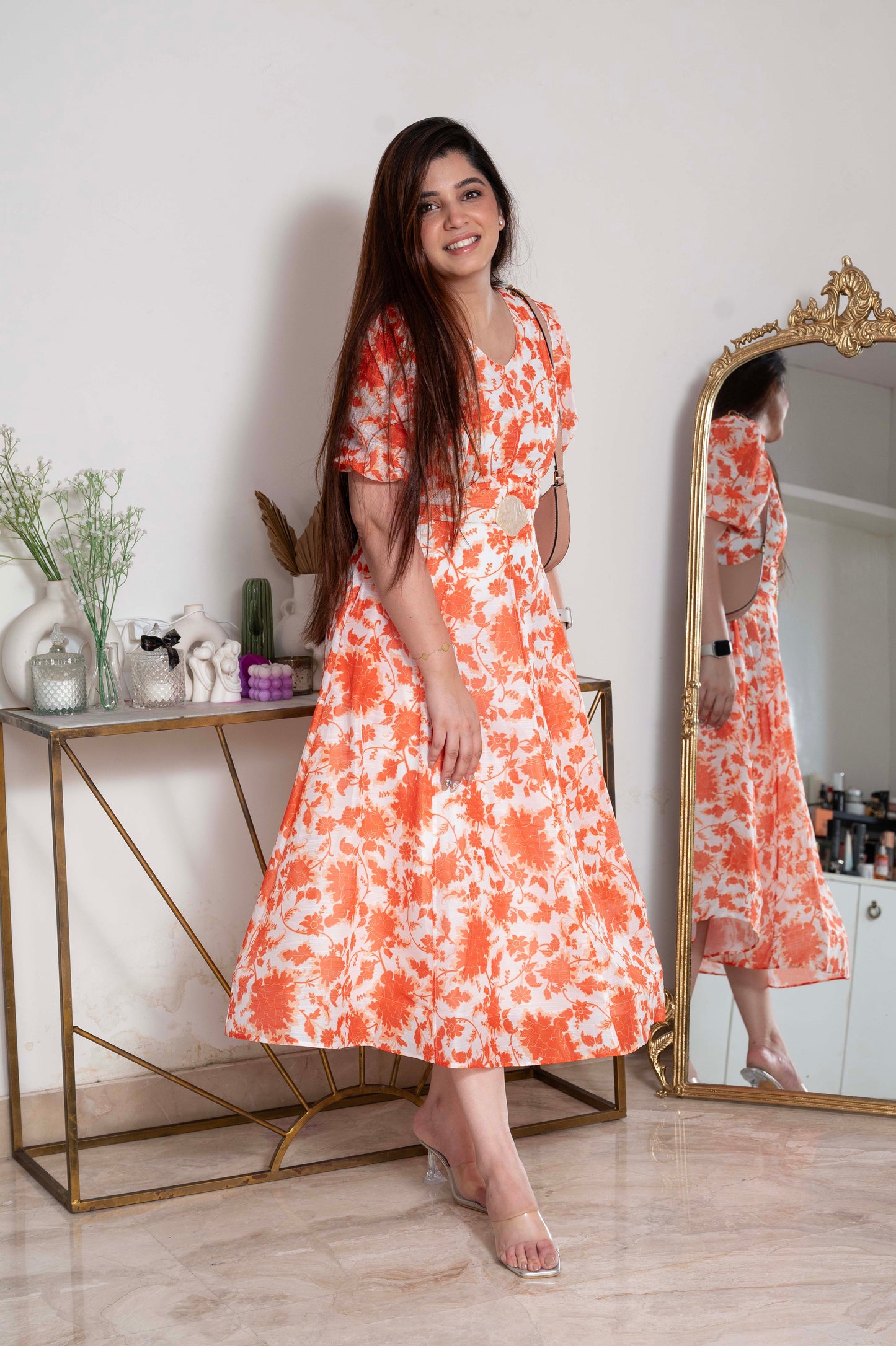 Marie Orange Floral Print Dress