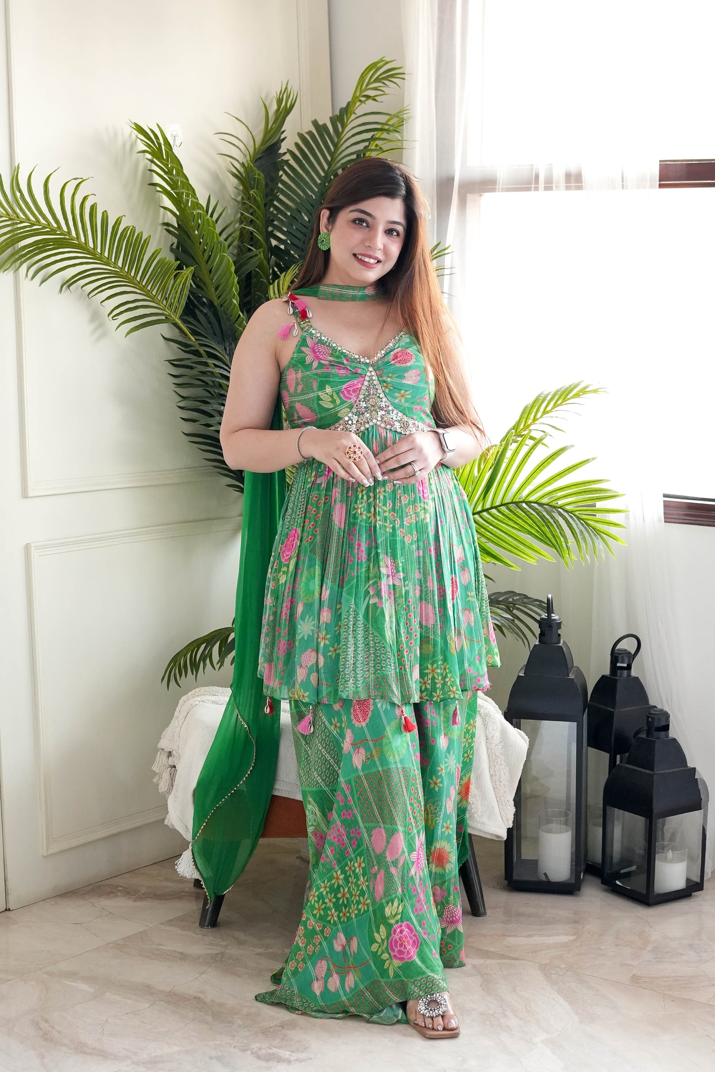 Gheri Green Printed Sharara Set