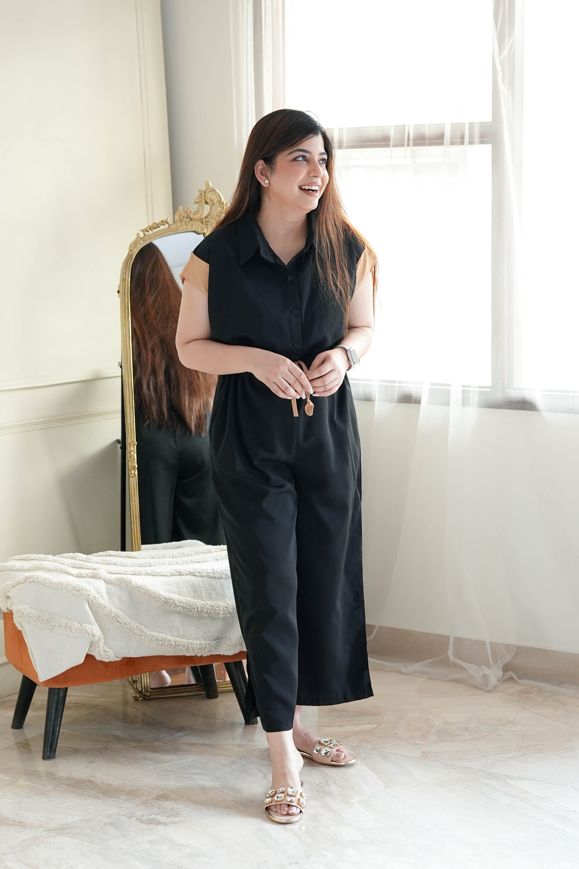 Daisy Black Front Knot Jumpsuit