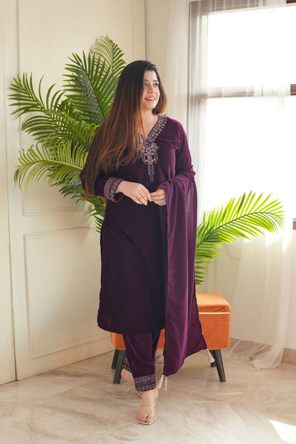 Neemra Wine Velvet Suit Set