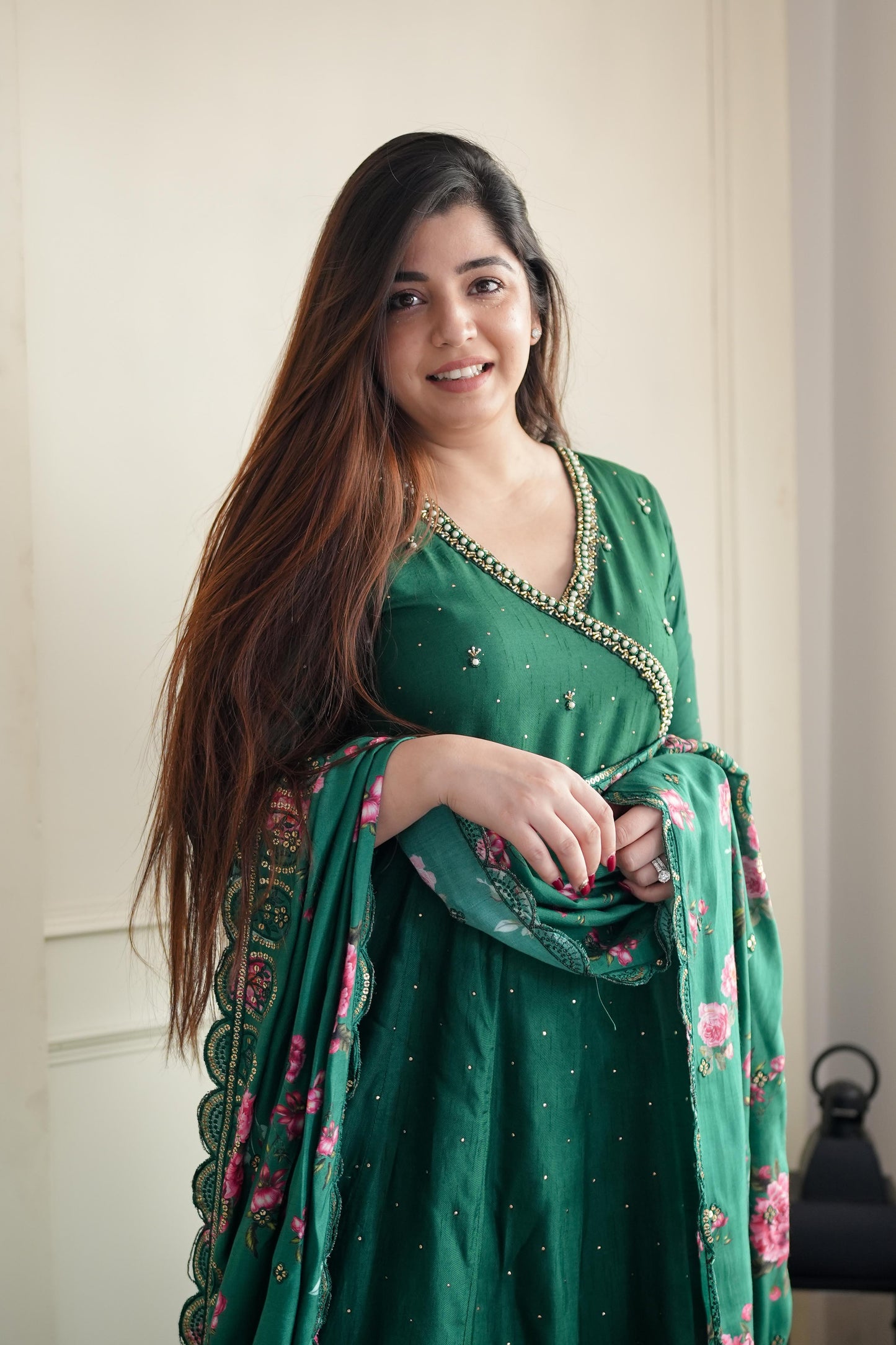 Samaara Green Silk Anarakali With Printed Dupatta