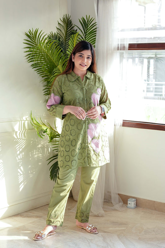 Mehreen Green Embroidered Schiffli Cordset