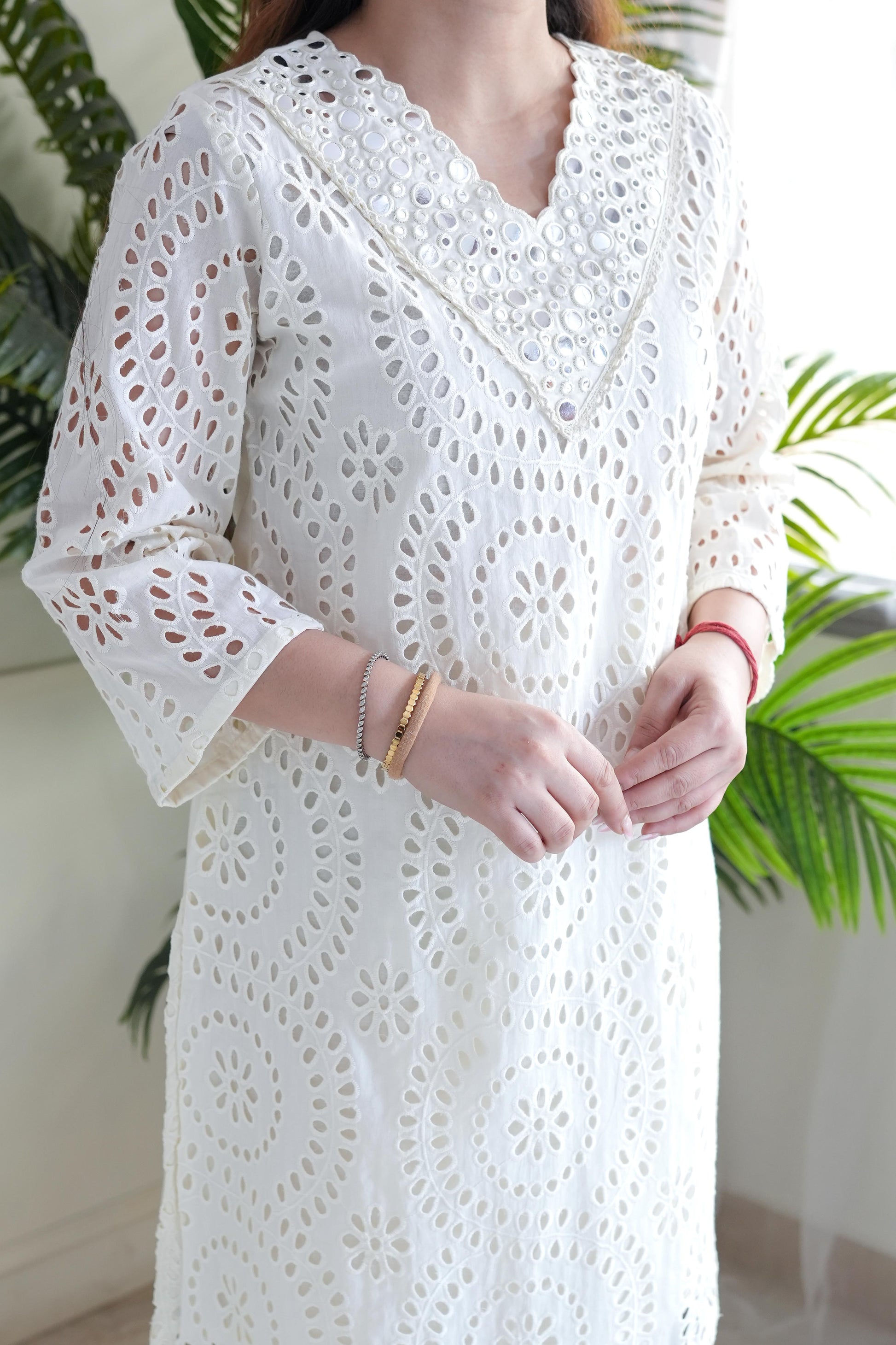 Gaura White Cutwork Plazo Set