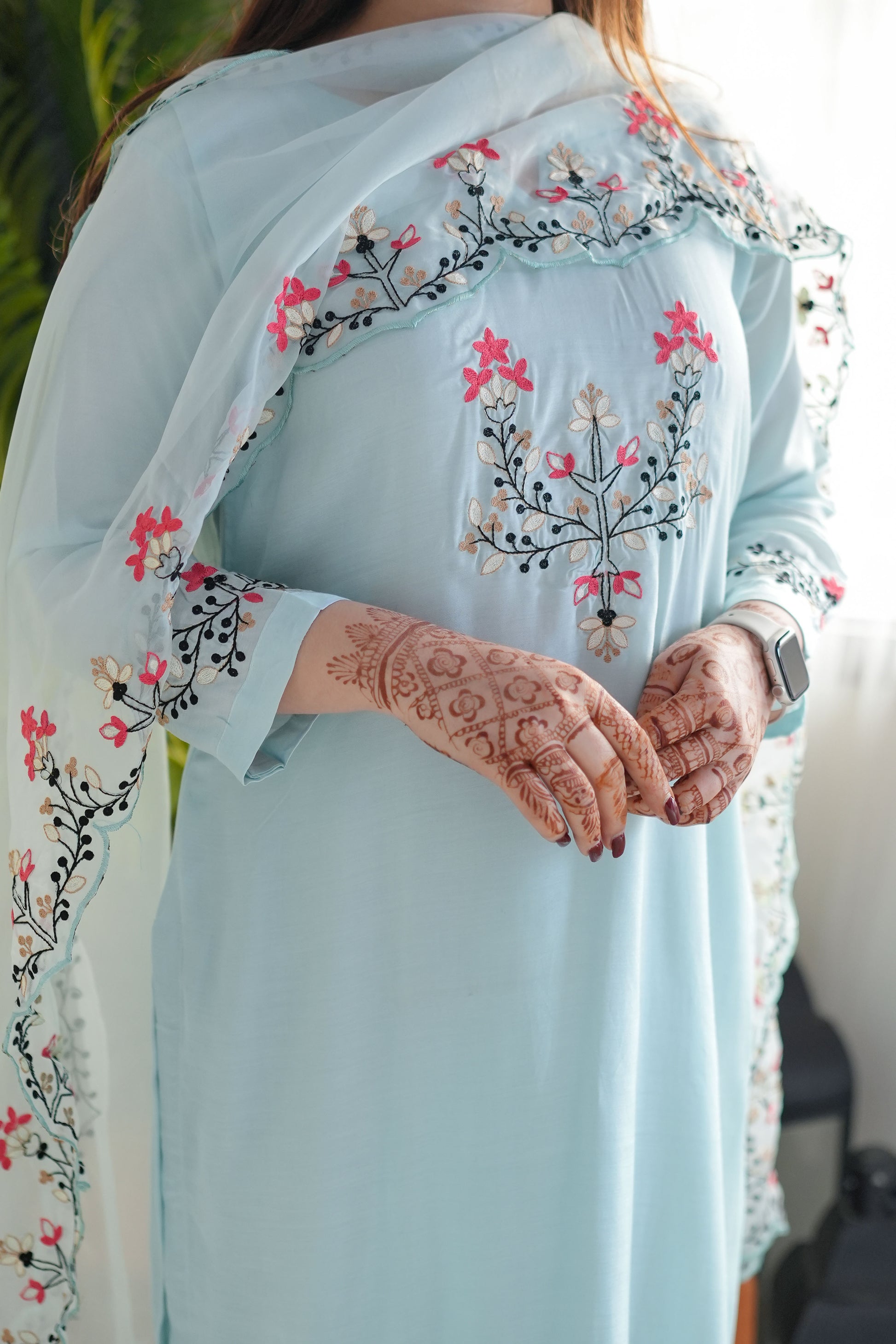 Blue Embroidered Silk Suit Set