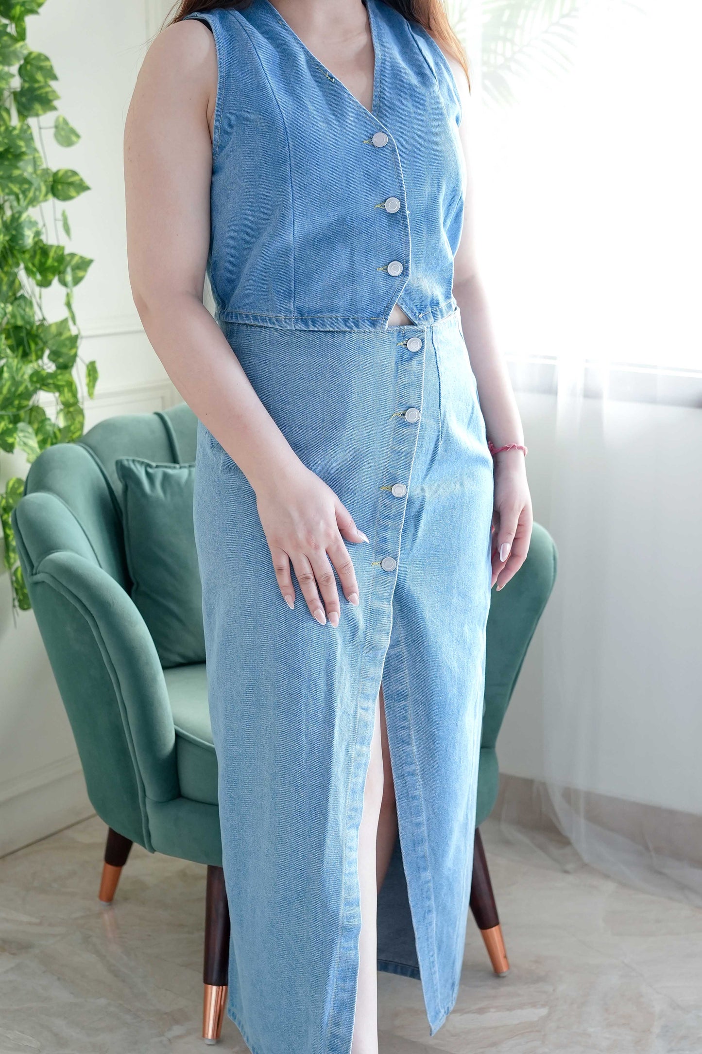 Luxe Denim Blue Button Up Skirt Set