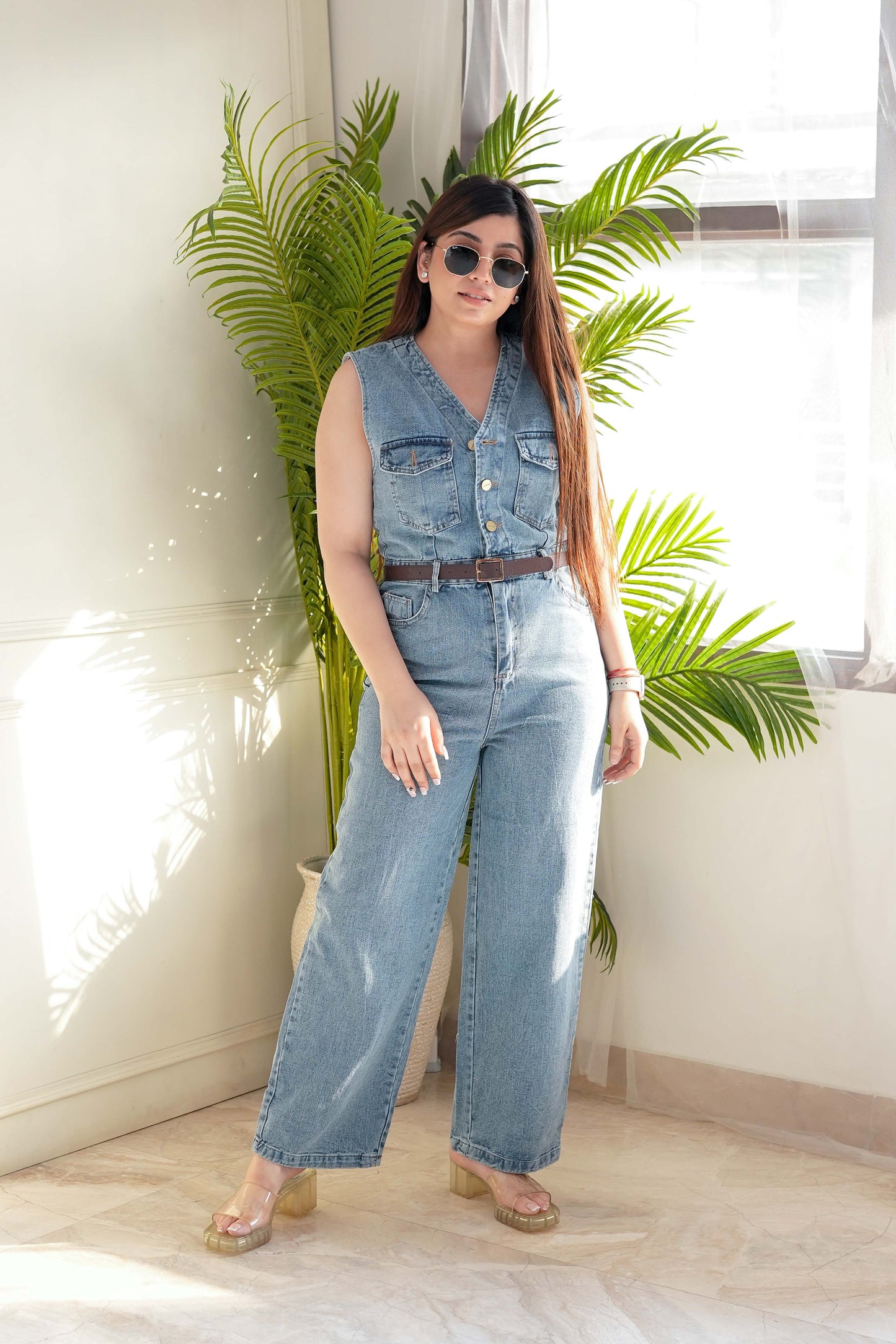 Ariana Light Blue Denim Jumpsuit with Belt