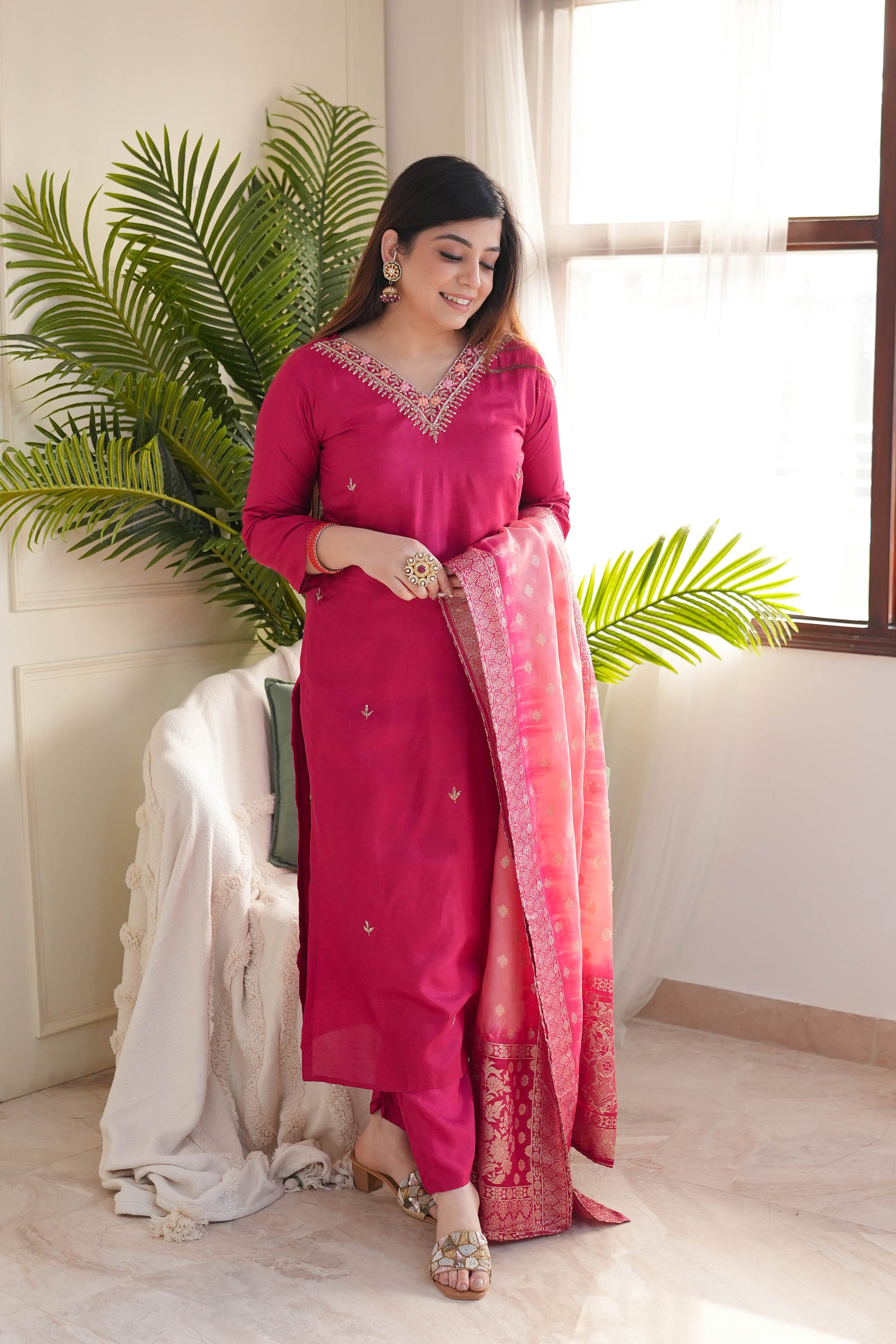 Ujjivan Pink Silk Suit Set