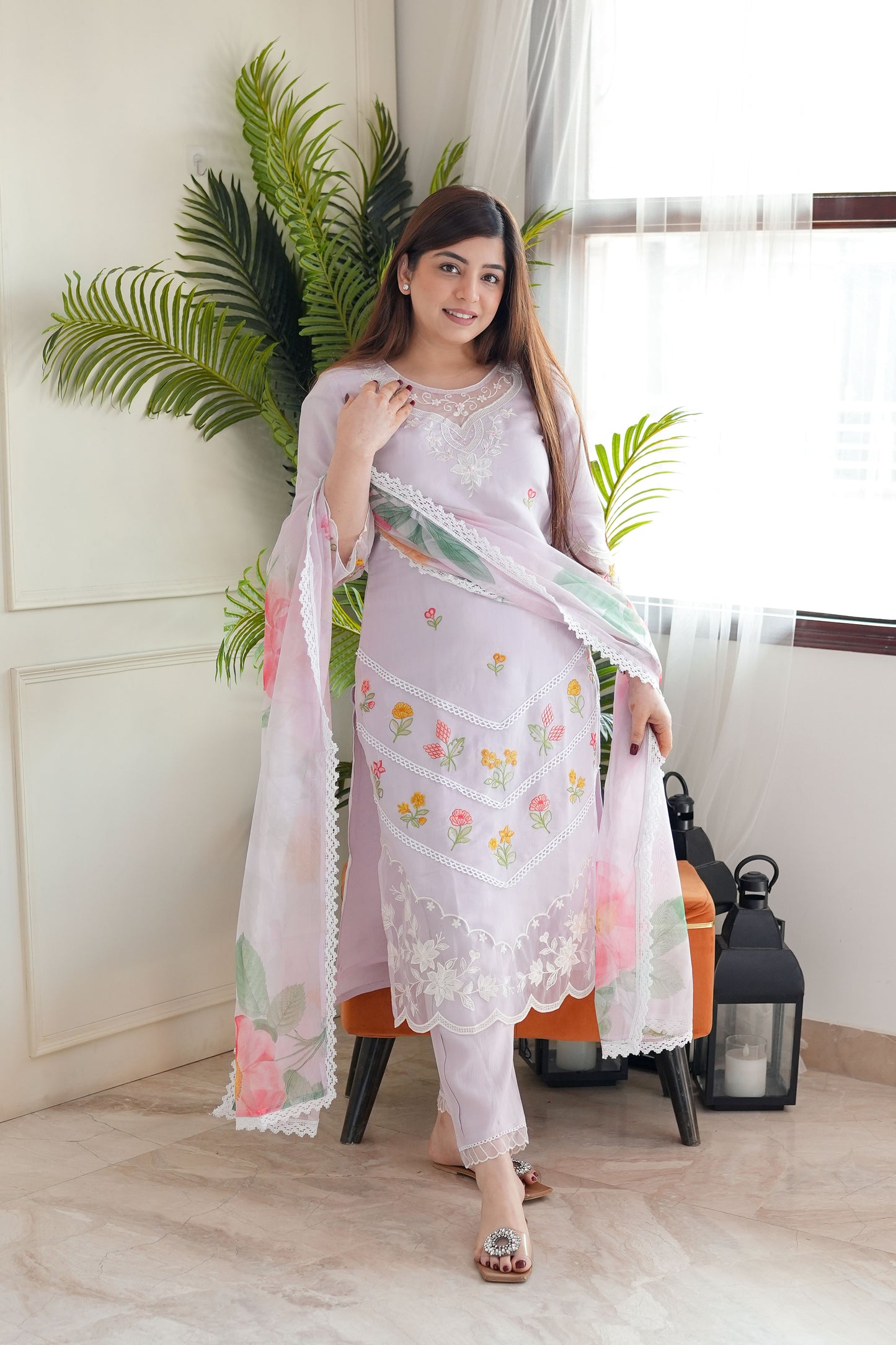 Neemra Lavender Thread Work Organza Suit