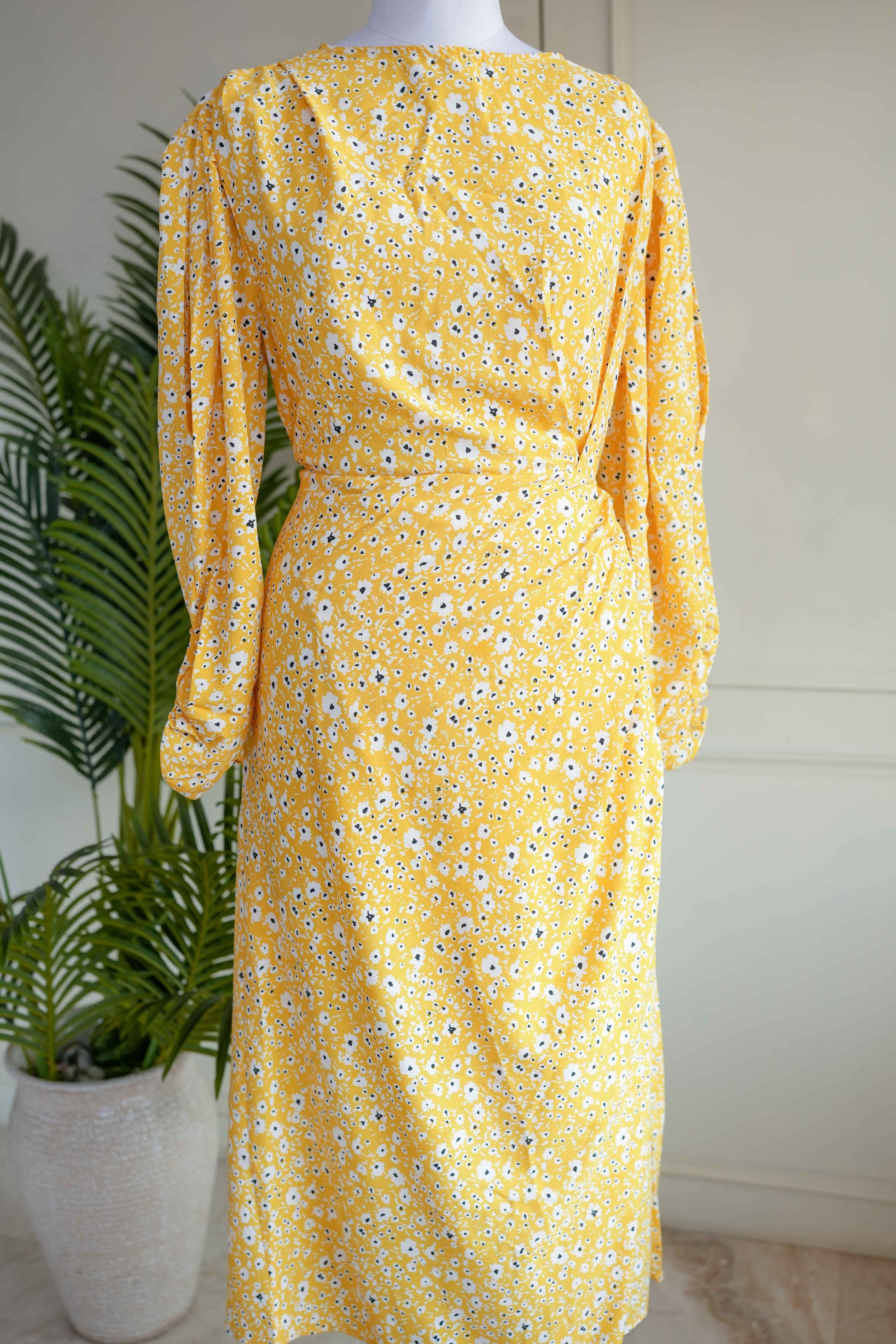 Yellow Printed Long Wrap Dress