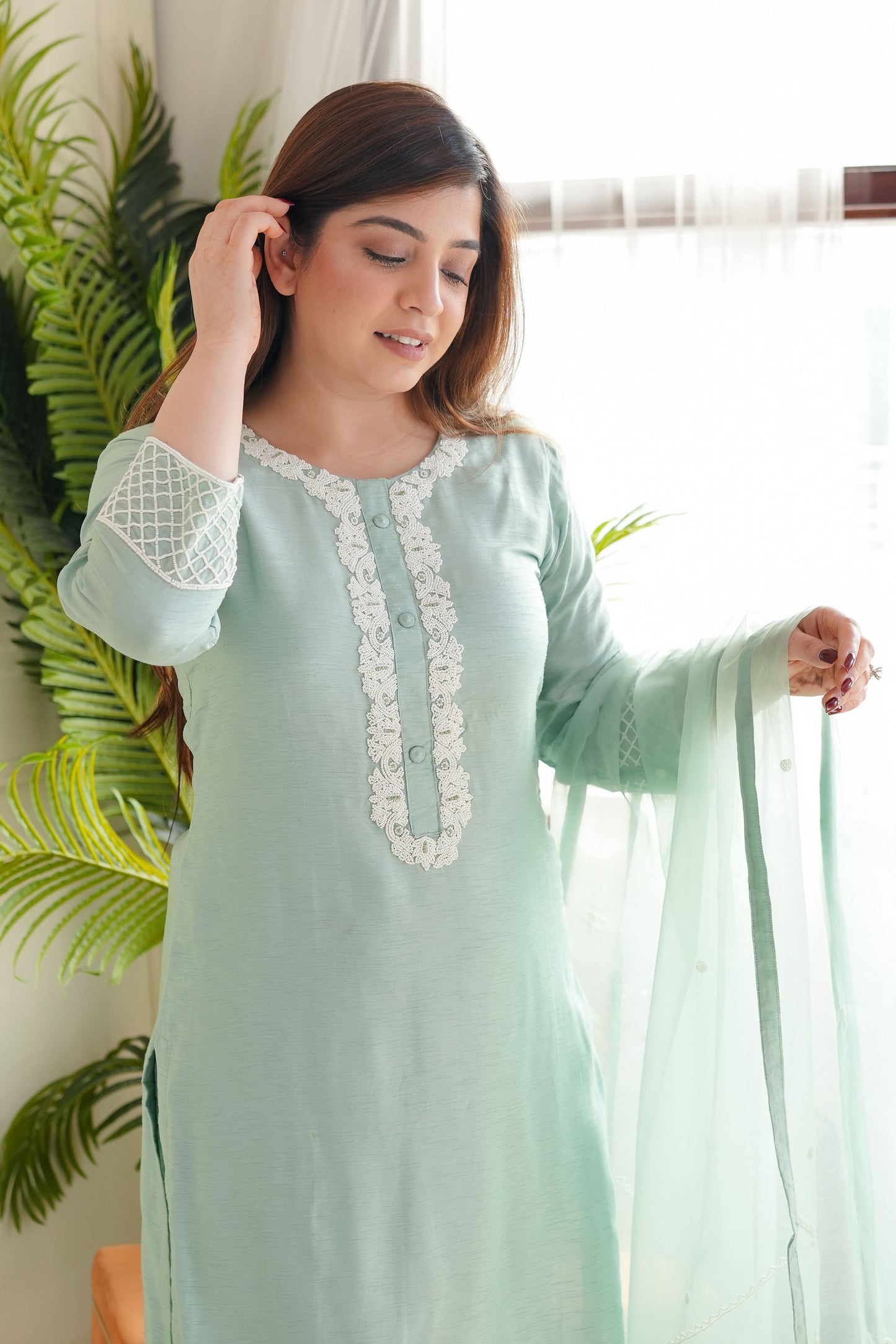 Pastel Green Embroidred Silk Suit