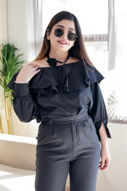 Allie Black Off Shoulder Top with Neckpiece