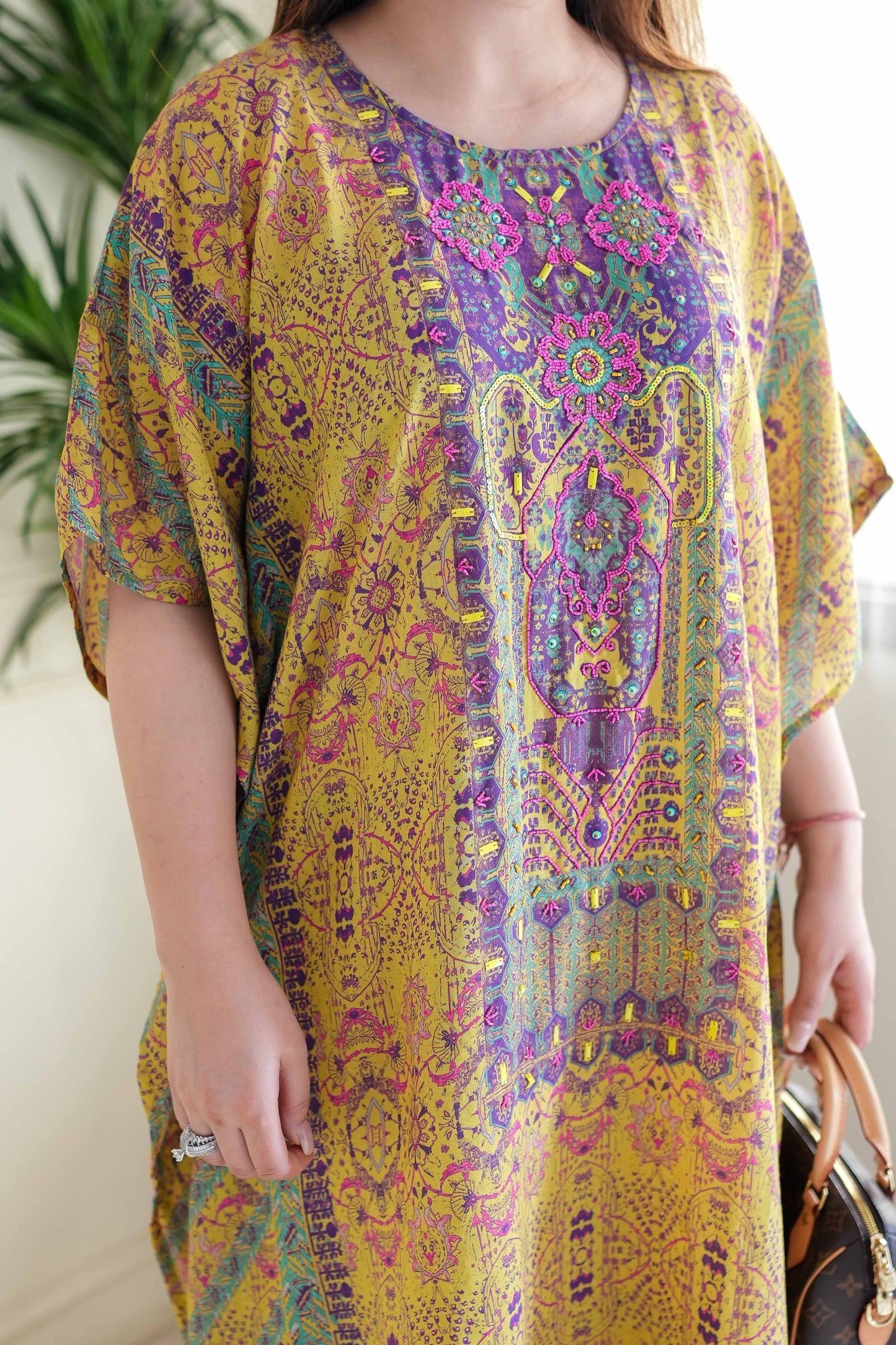 Rehem Printed Kaftan Set with Neck Embroidery