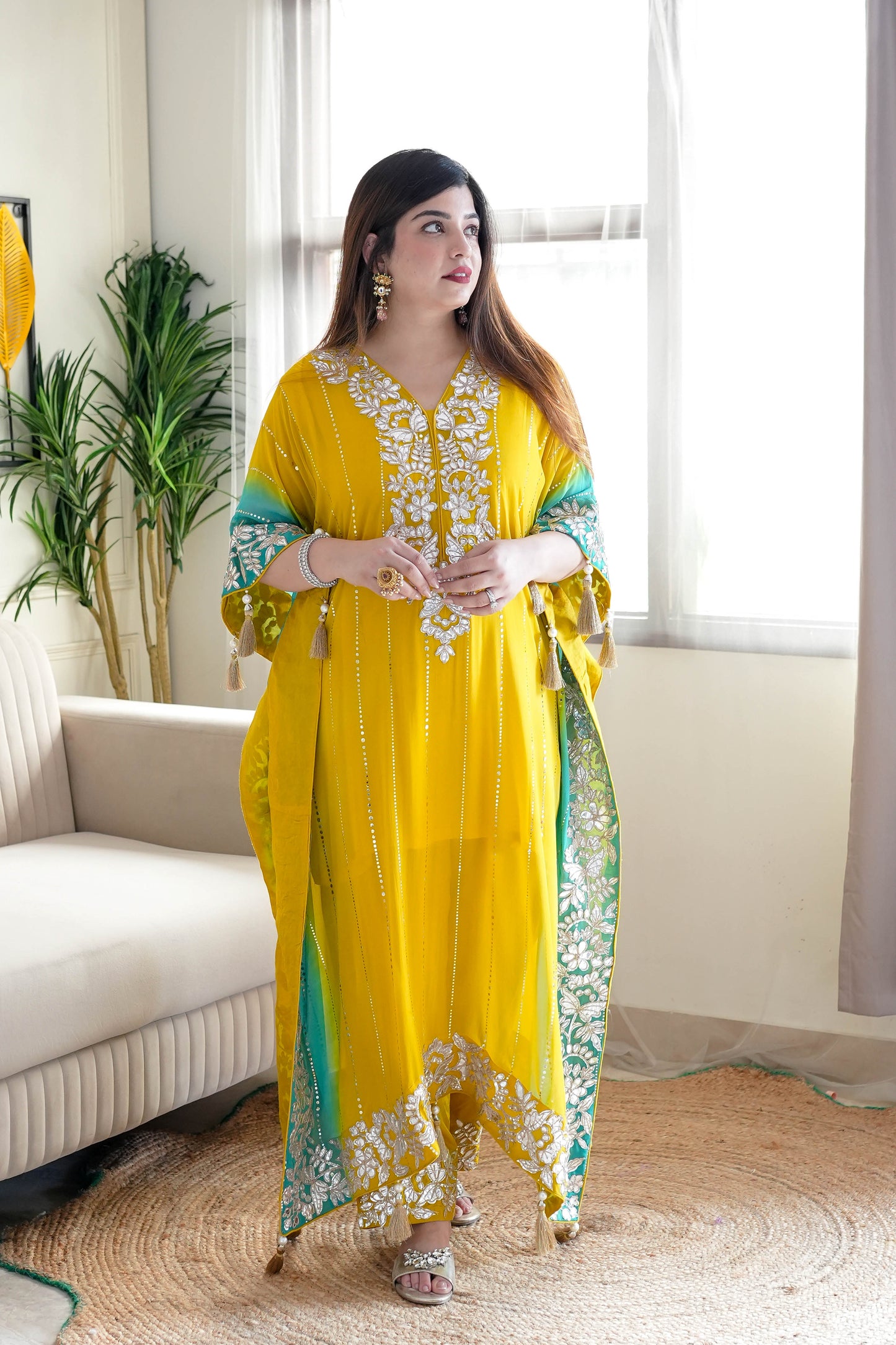 Nazma Yellow Gota Detailing Kaftan Set