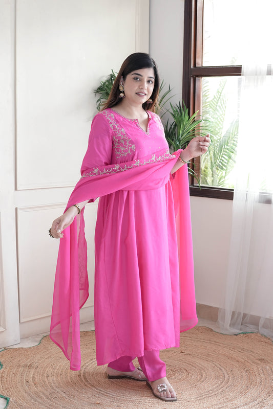 Simar Hot Pink Embroidered Anarkali Suit Set