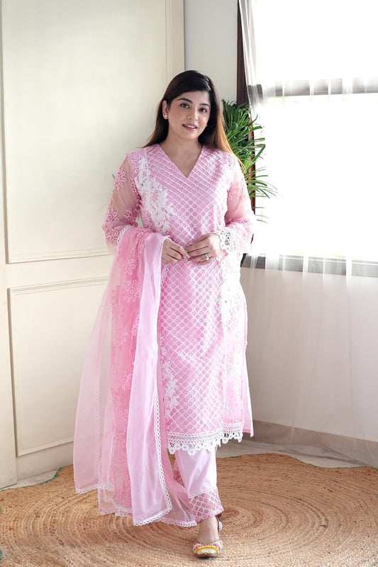 Beena Pink Lace Detailing Suit Set