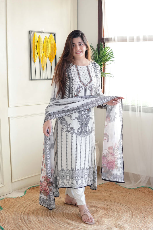 Salma White Printed Straight Suit Set