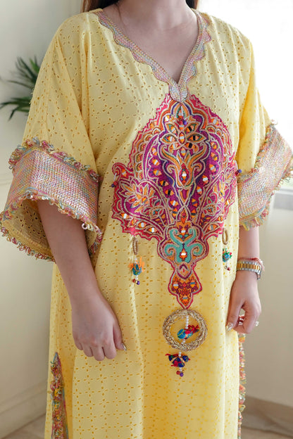 Serene Yellow Embroidered Chogha Set