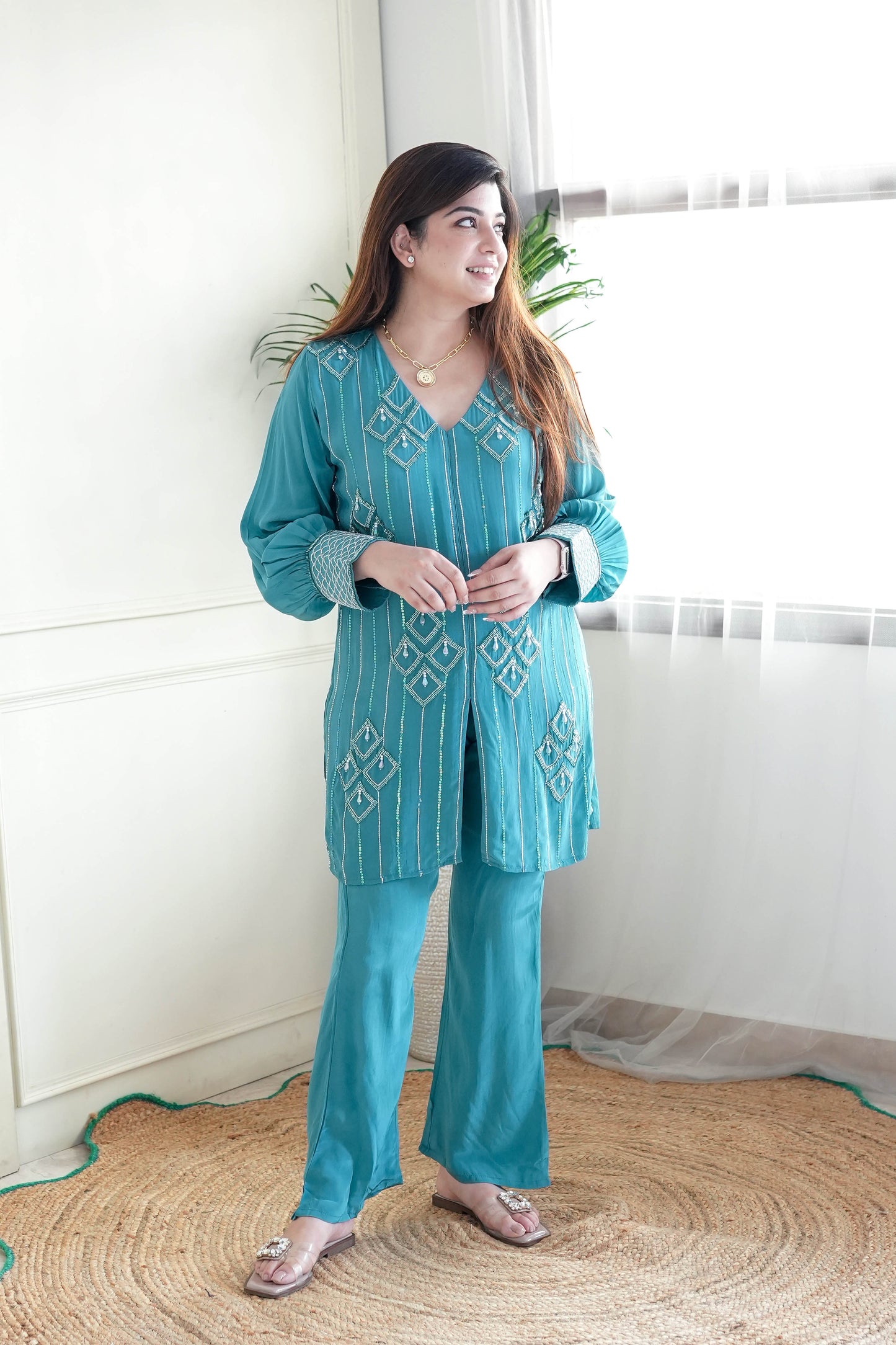 Gulab Turquoise Green Embroidered Co ord Set