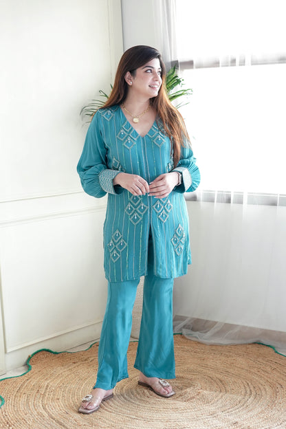 Gulab Turquoise Green Embroidered Co ord Set