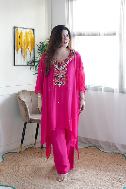 Yumna Hot Pink Embroidered Kaftan Set