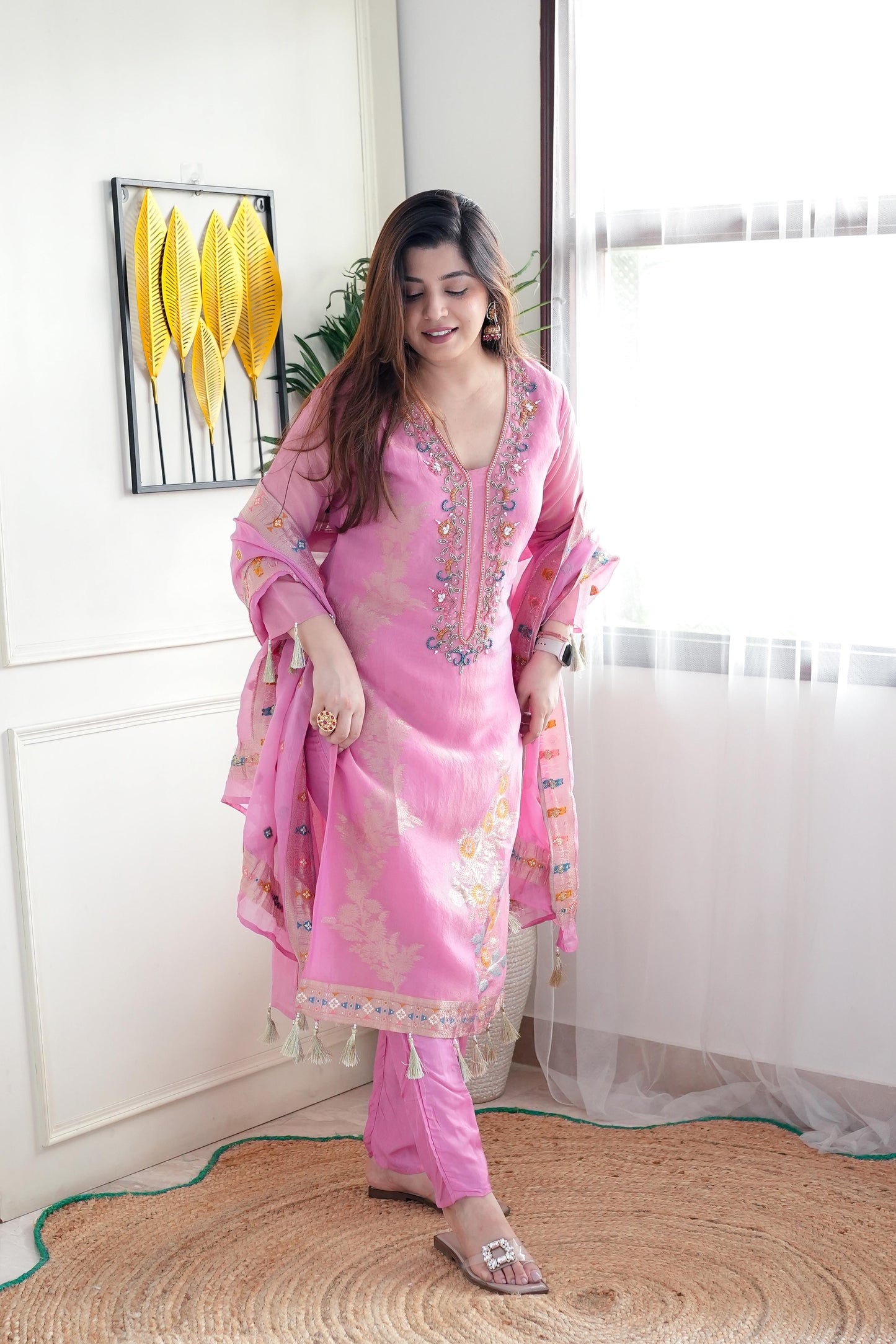 Begum Pink Silk Embroidered Suit Set