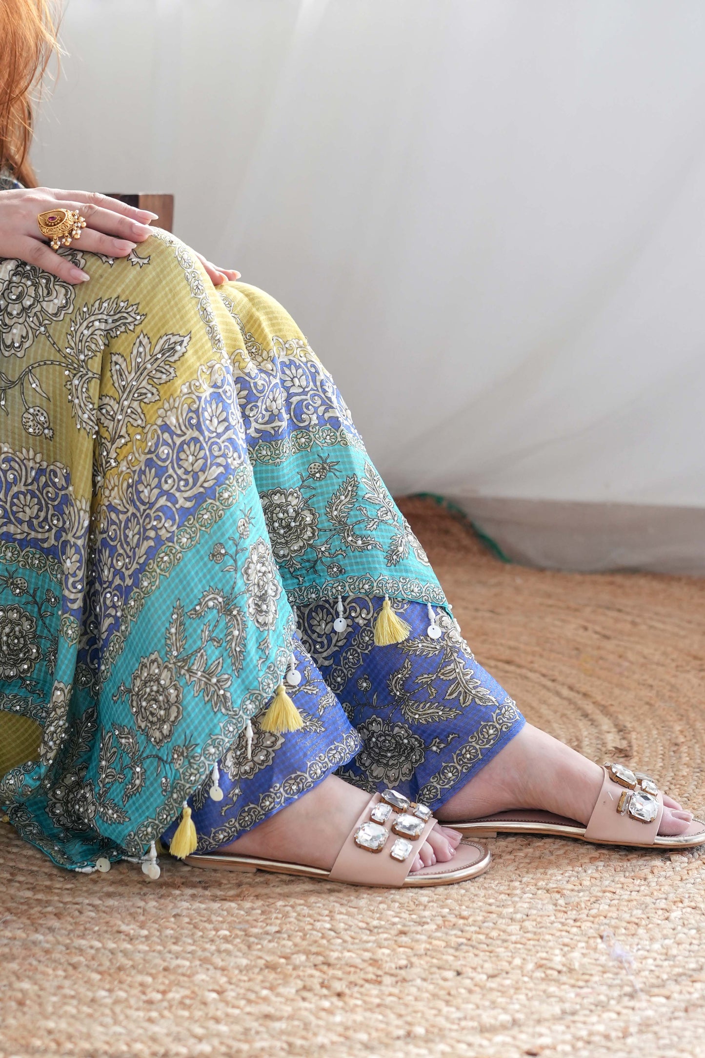 Sehrat Blue Ombre Printed Kaftan Set with Neck Embroidery