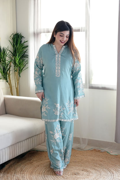 Simin Blue Thread Floral Embroidered Co ord Set