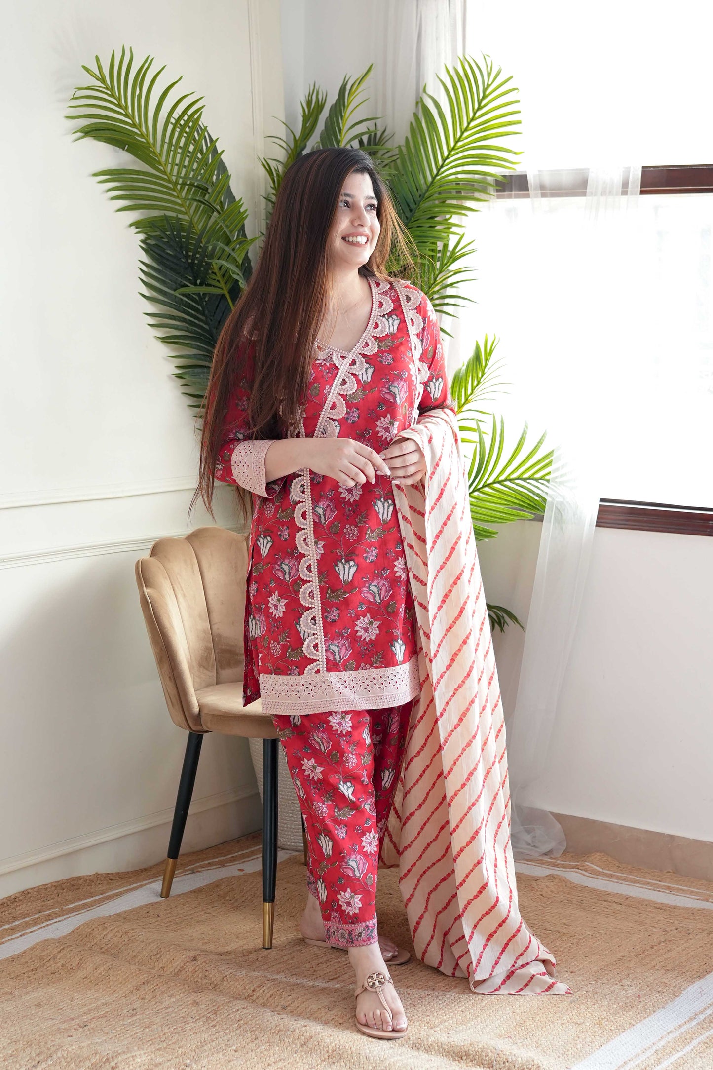 Meet Red Printed Cotton Suit Set